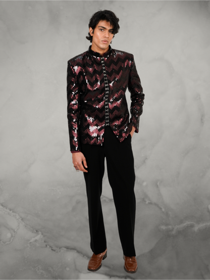 Sequin patterned maroon-black hooked jacket