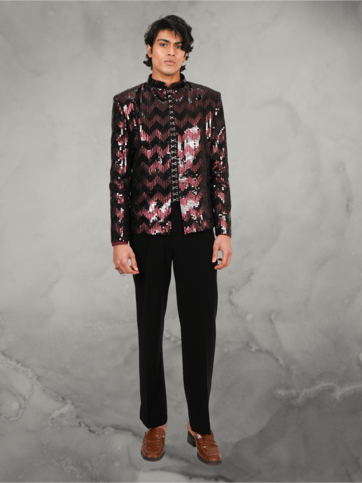 Sequin patterned maroon-black hooked jacket