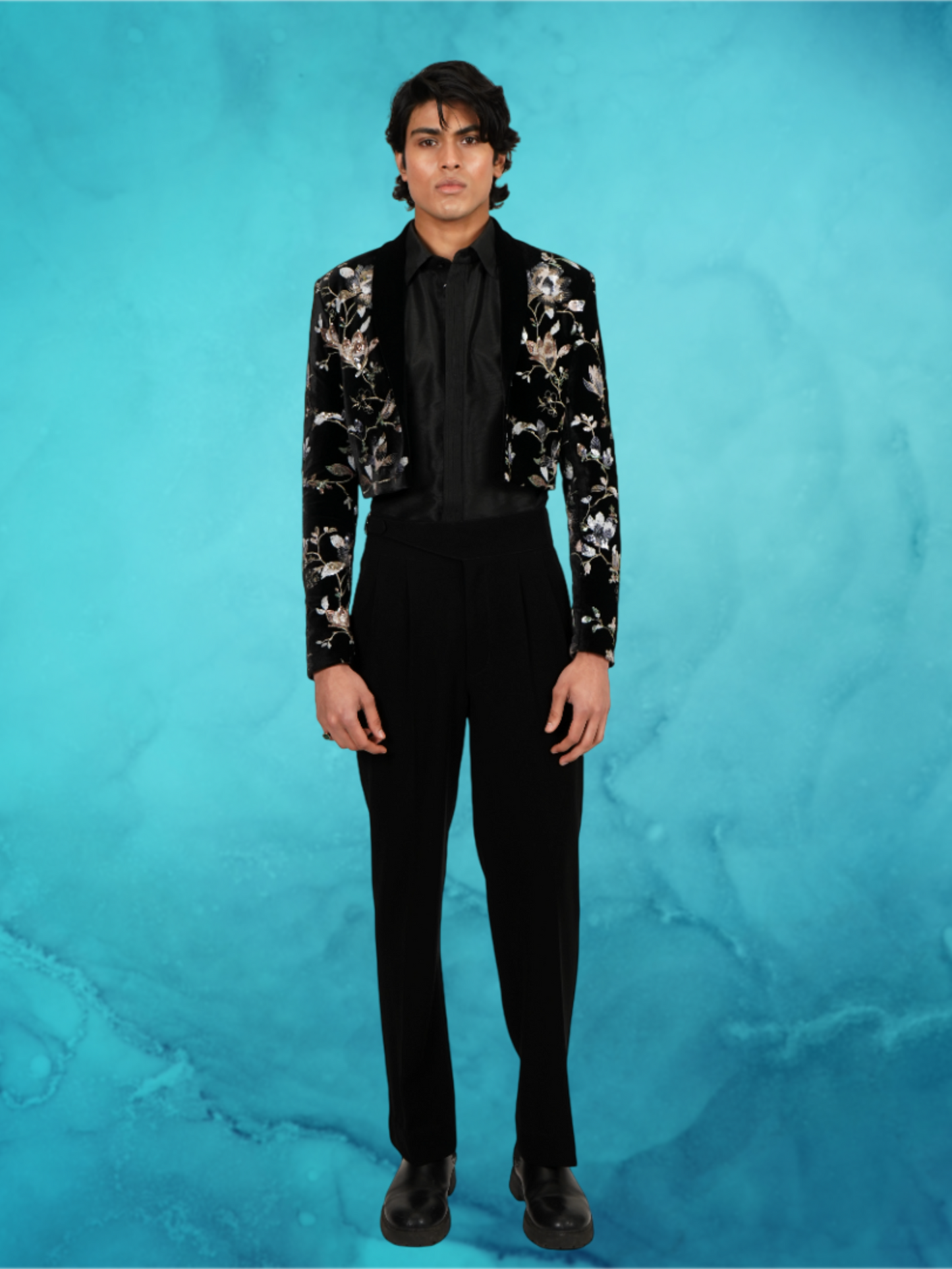 Velvet Floral Embroidered Black Tuxedo Set