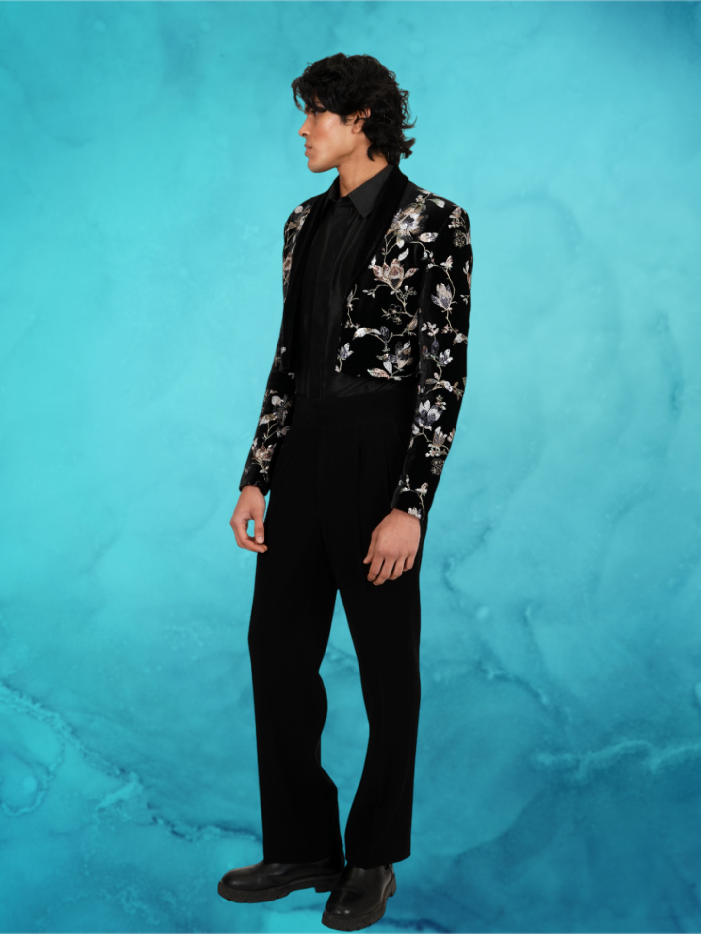 Velvet Floral Embroidered Black Tuxedo Set