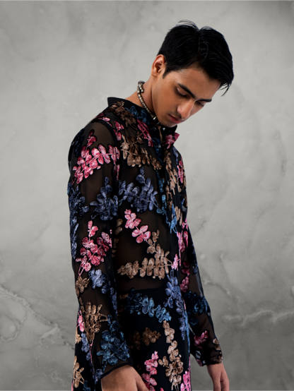 Devoré Floral Black Kurta