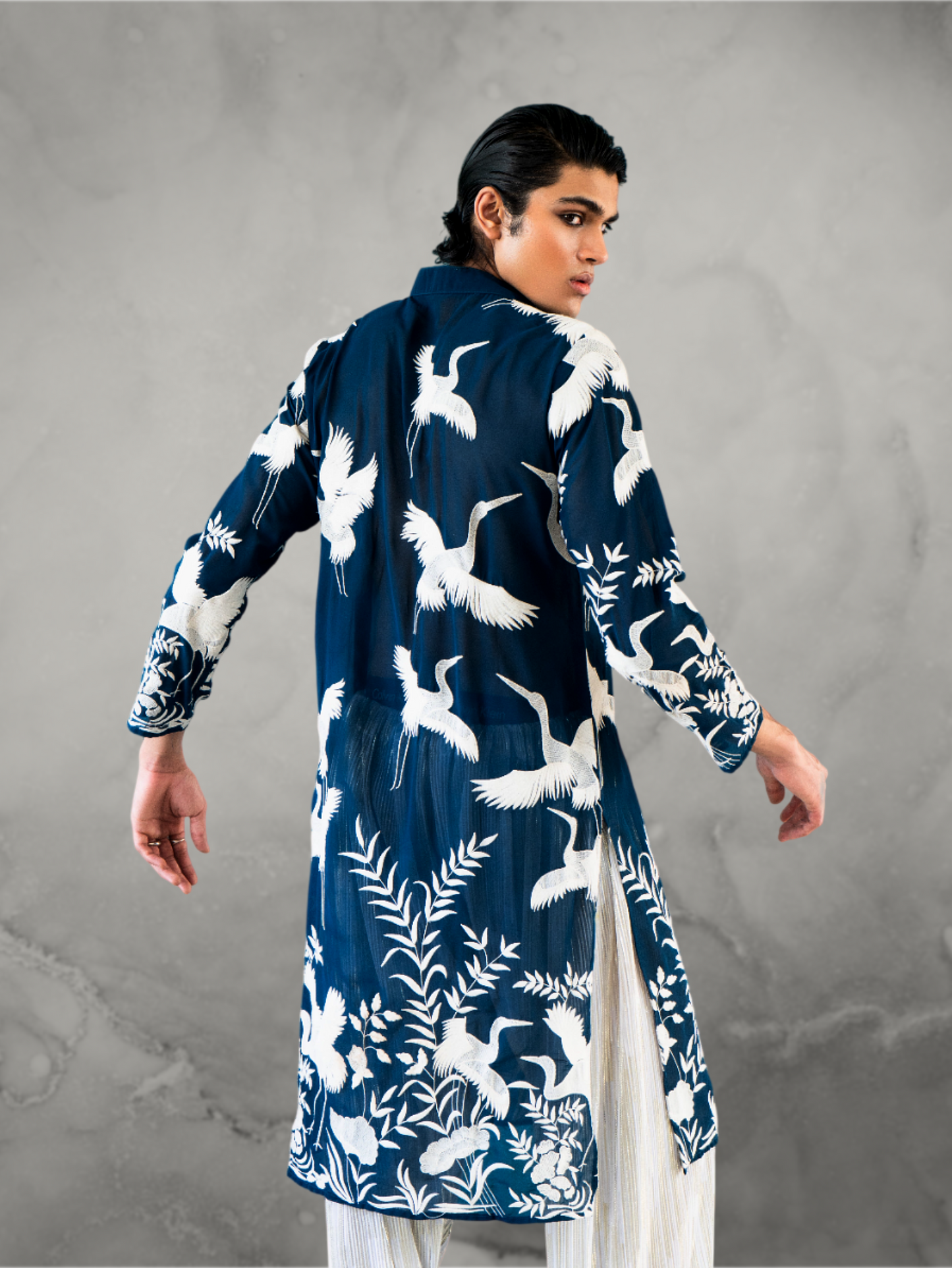 Crane Embroidered Blue Kurta