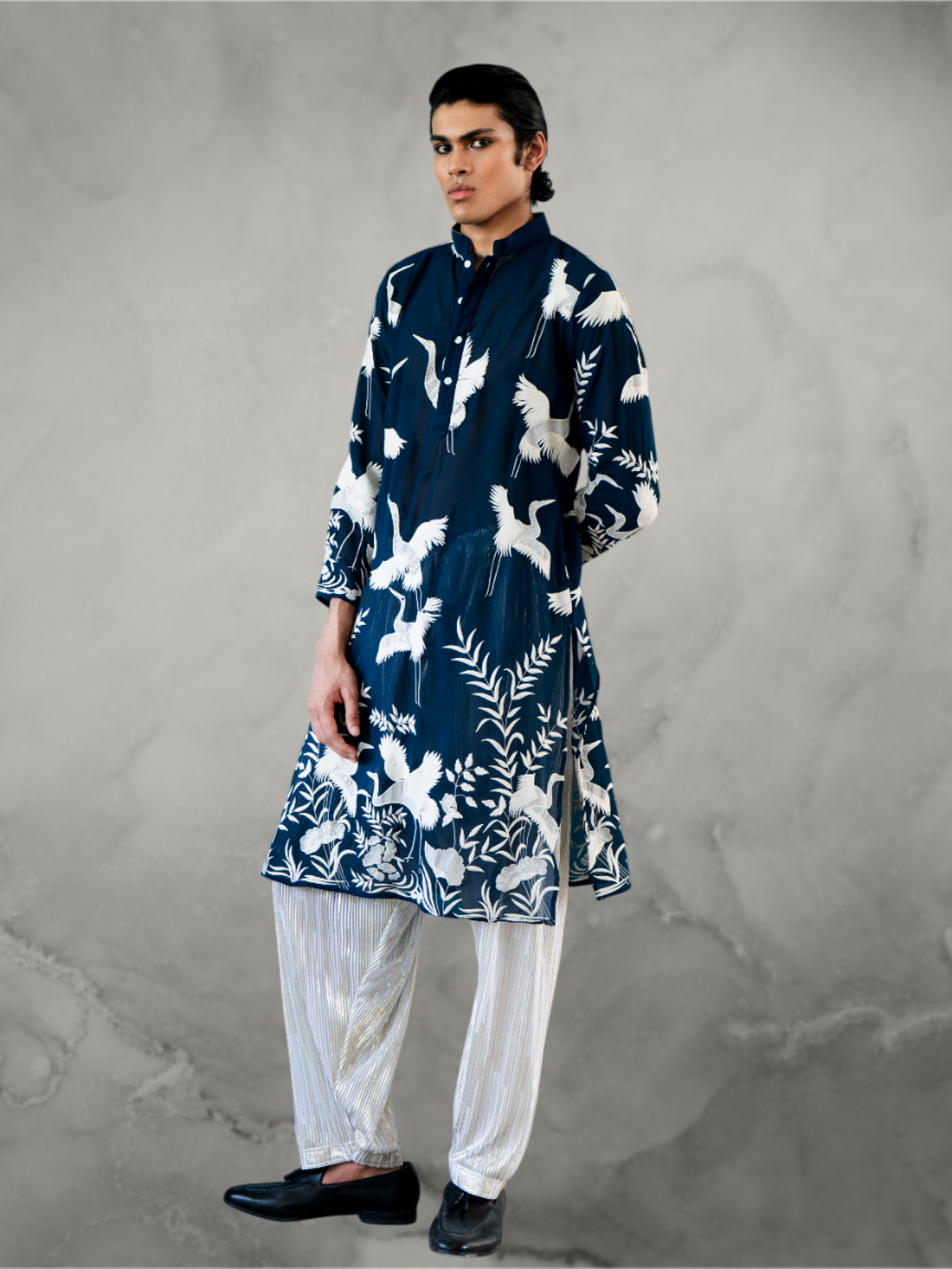 Crane Embroidered Blue Kurta