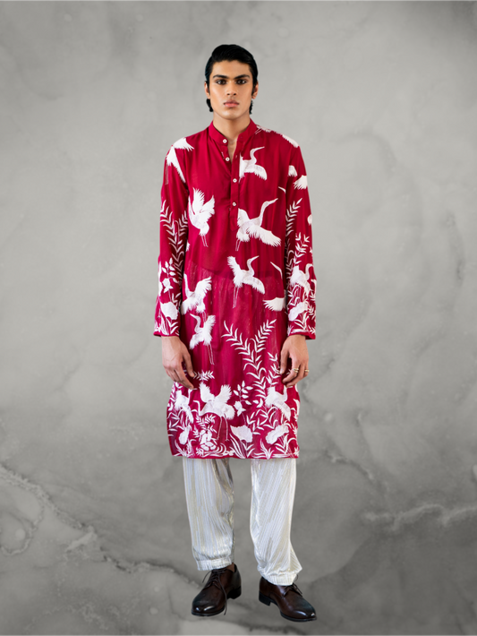 Crane Embroidered Hot Pink Kurta