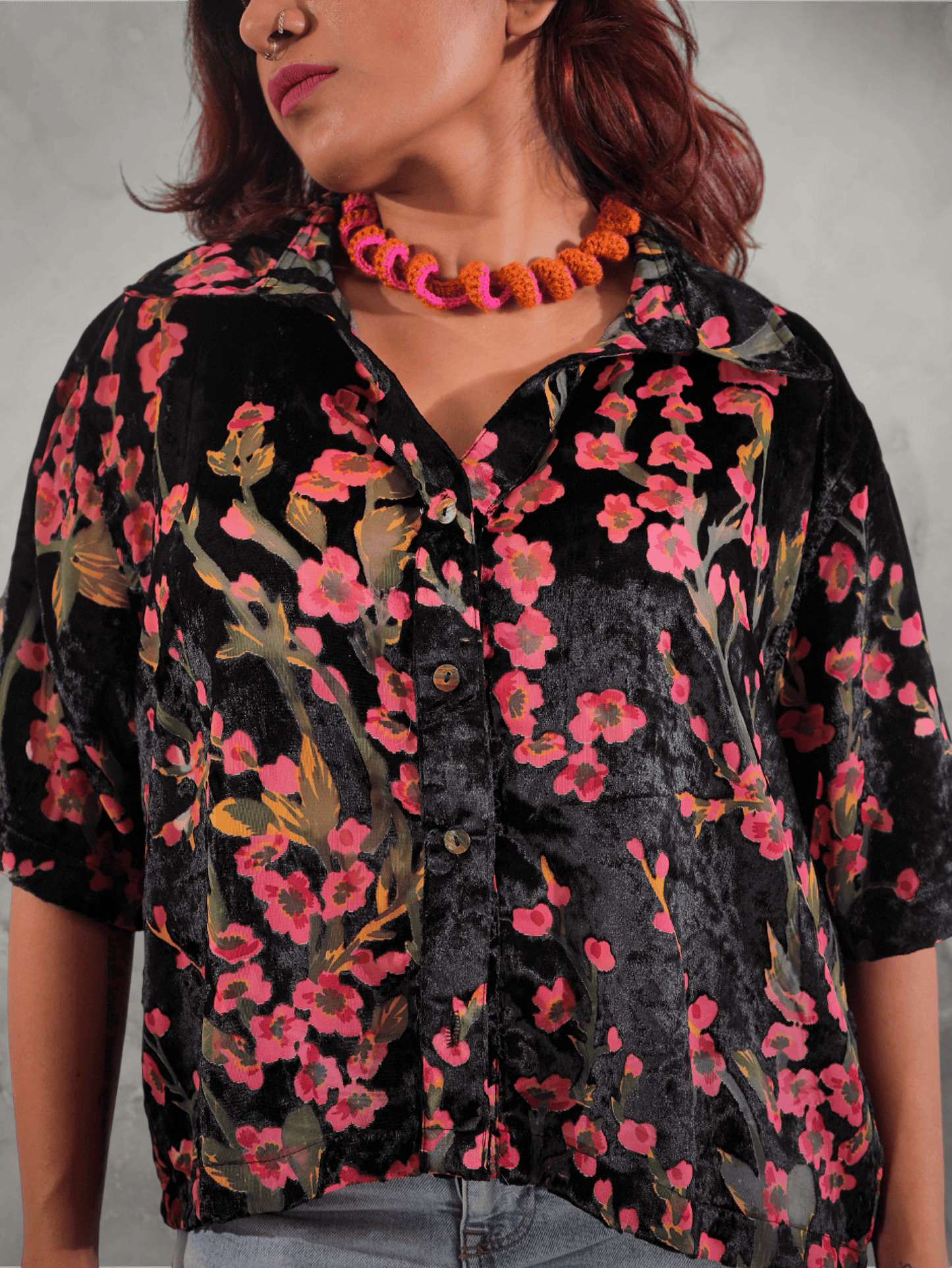 Devoré Floral Print Boxy Crop Shirt