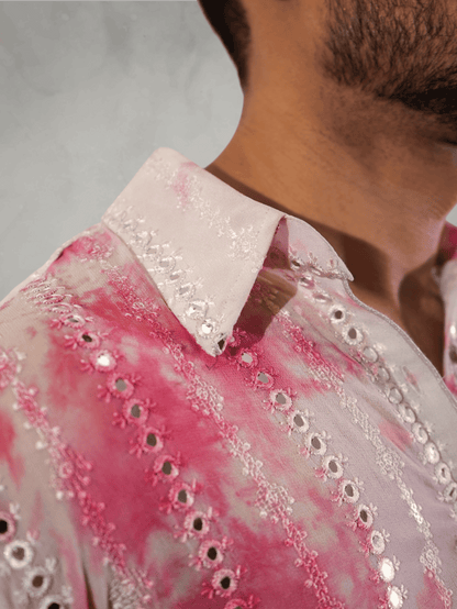 Mirror Work Embroidered Pink Tie-Dye Shirt