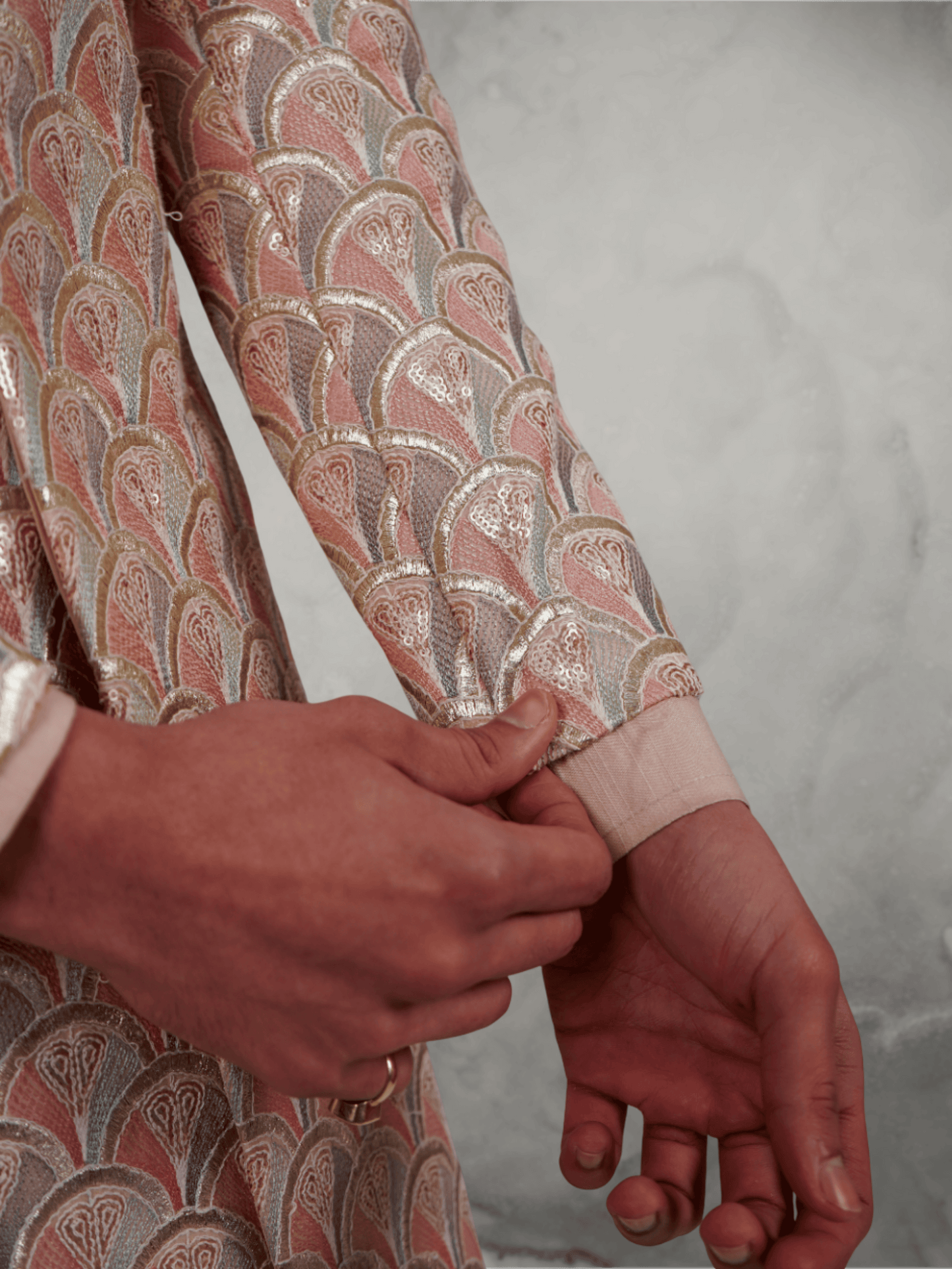 Fish Scale Embroidered Pastel Long Jacket and Beige Kurta set