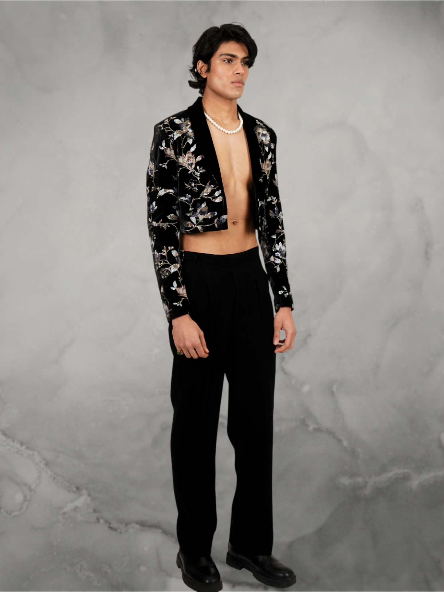 Velvet Floral Embroidered Black Tuxedo