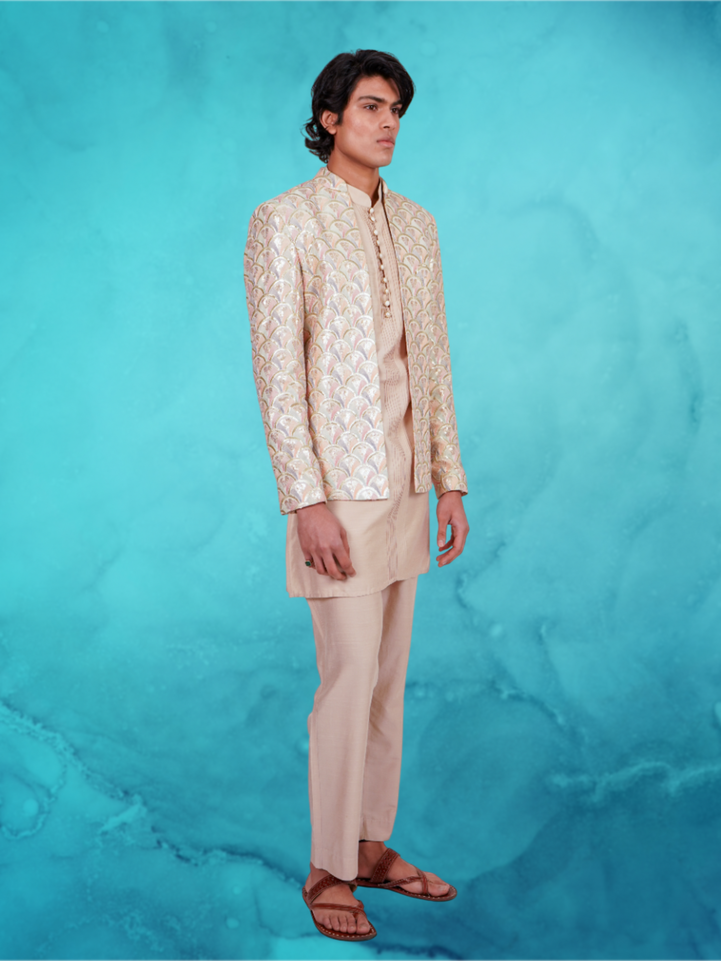 Fish scale Embroidered pastel open jacket and beige kurta set