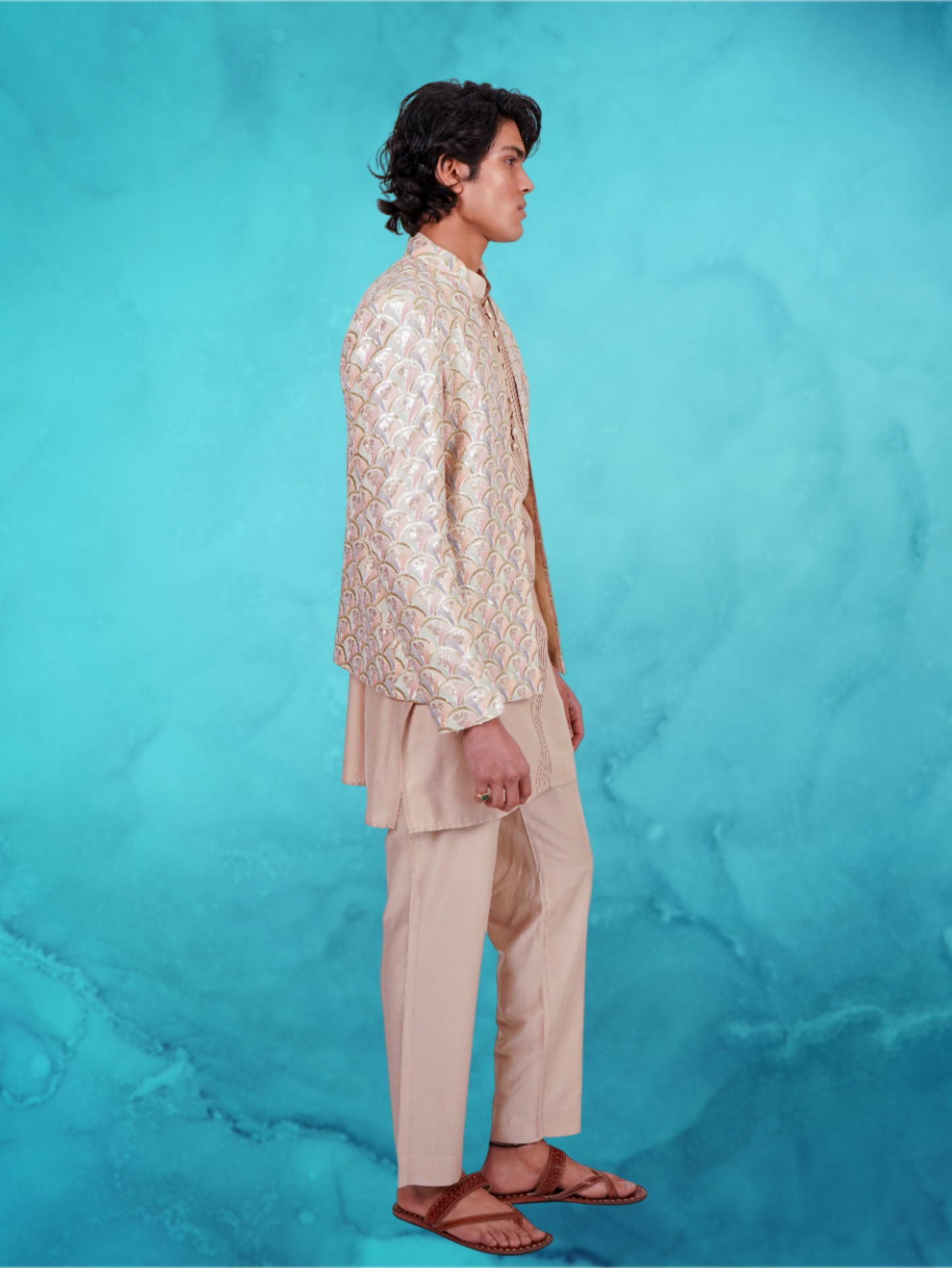 Fish scale Embroidered pastel open jacket and beige kurta set