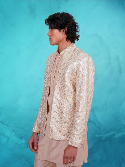 Fish scale Embroidered pastel open jacket and beige kurta set