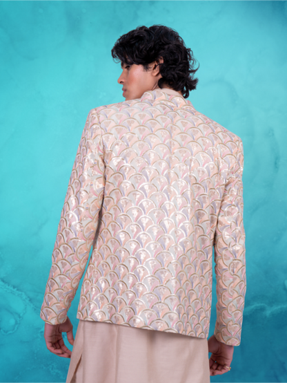 Fish scale Embroidered pastel open jacket and beige kurta set