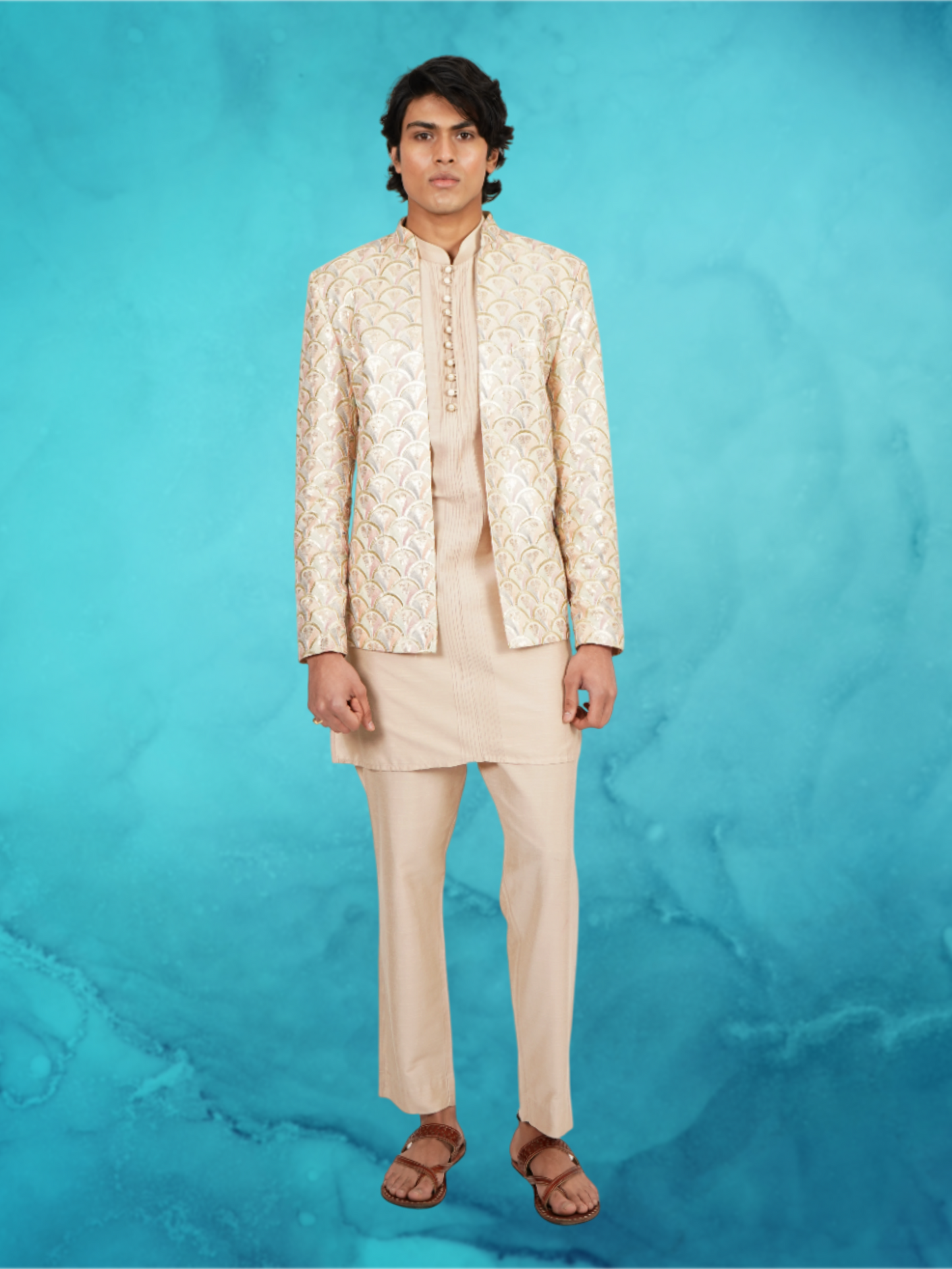 Fish scale Embroidered pastel open jacket and beige kurta set