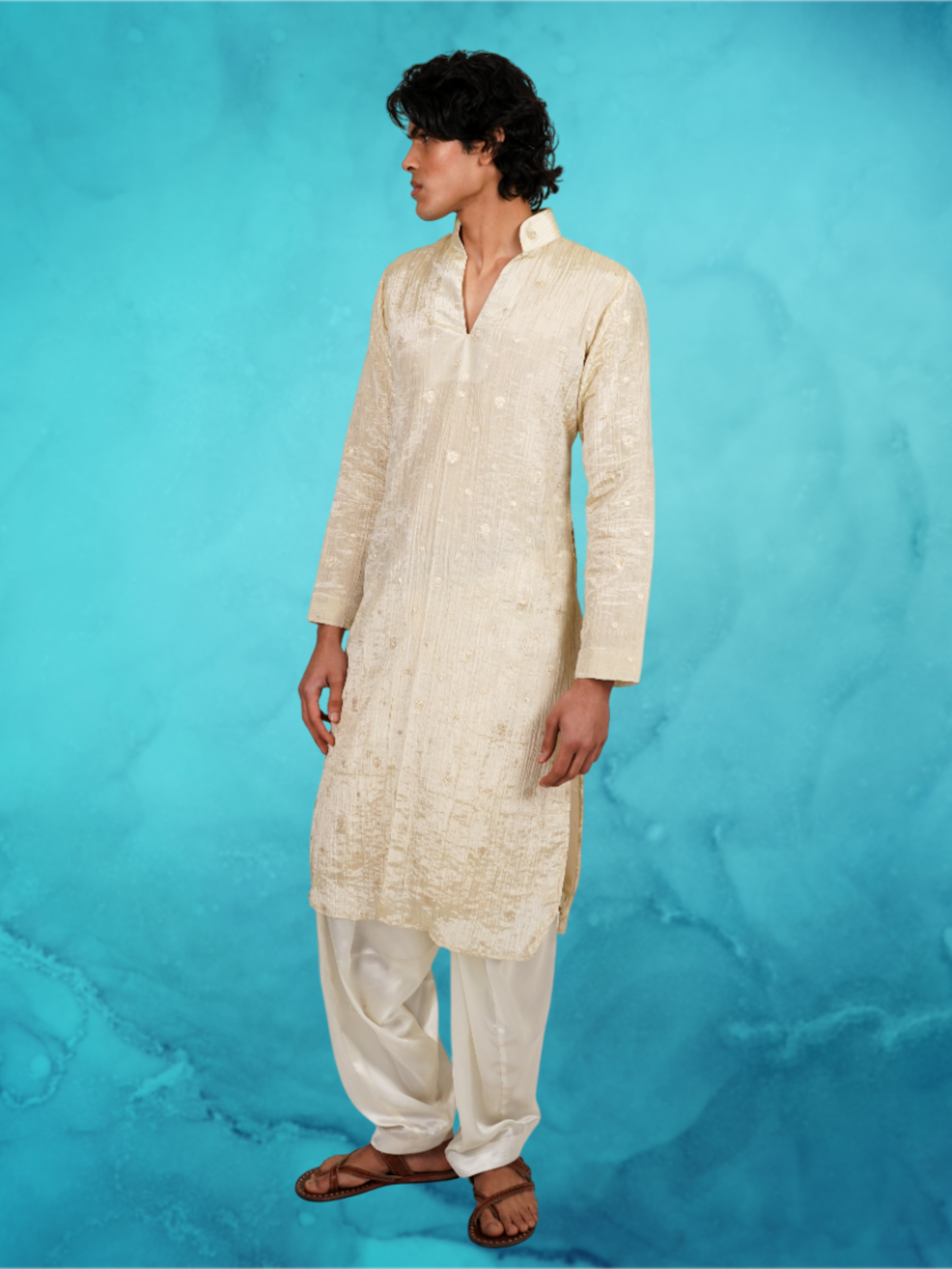 Gold Dot Tissue Off-white Kurta