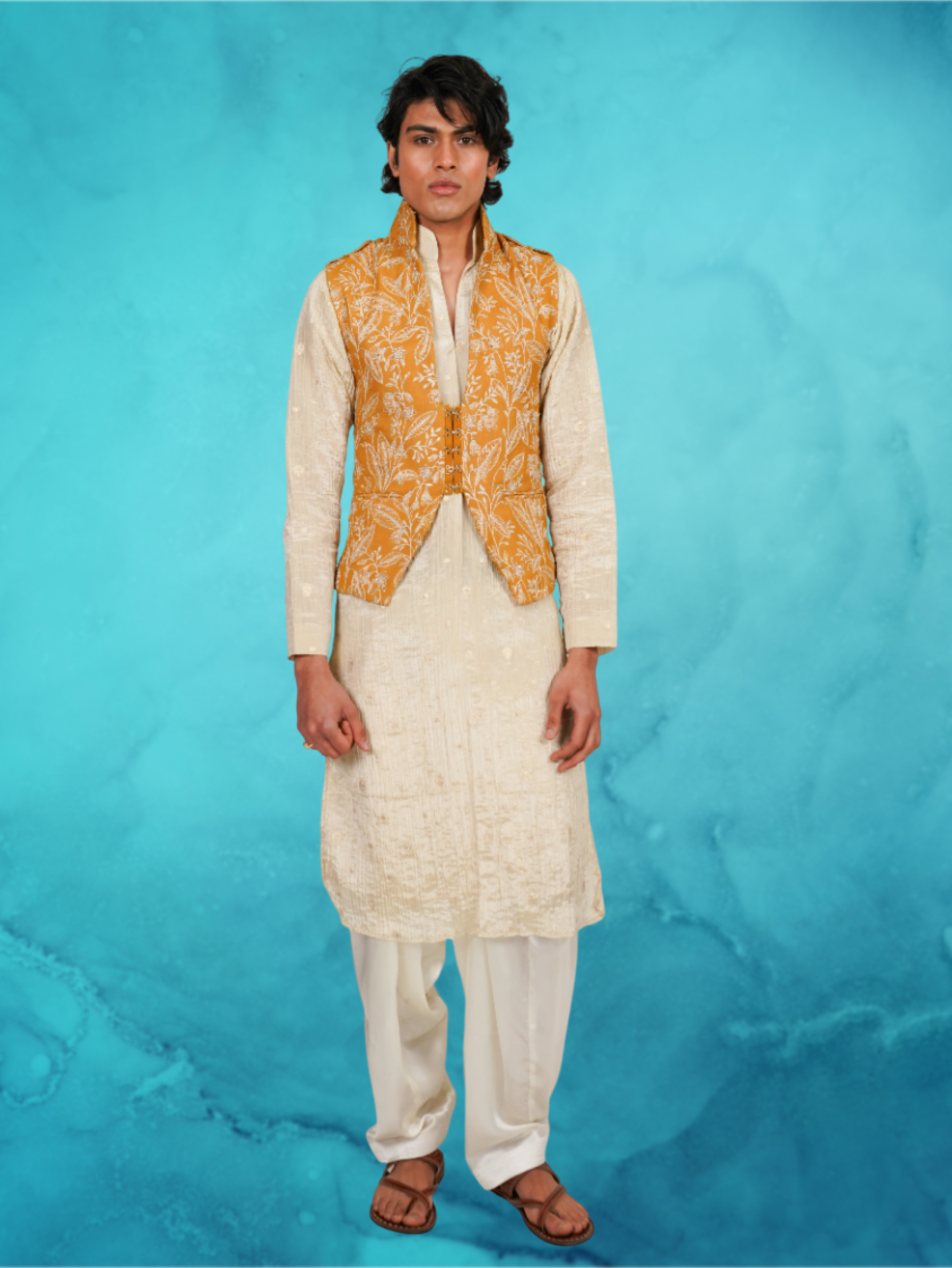 Embroidered Mustard Waist andTissue Kurta Set