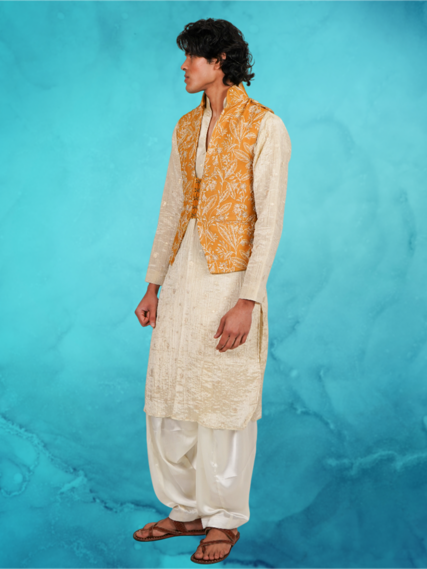 Embroidered Mustard Waist andTissue Kurta Set