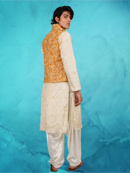 Embroidered Mustard Waist andTissue Kurta Set