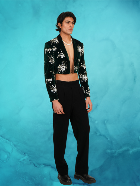 Velvet Floral Embroidered Emerald Green Tuxedo