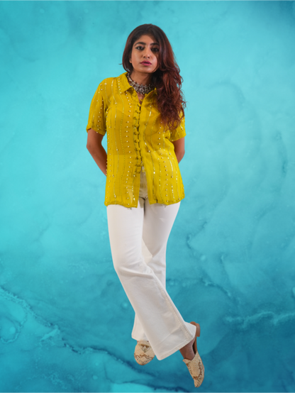 Embellished Yellow Button Down Shirt