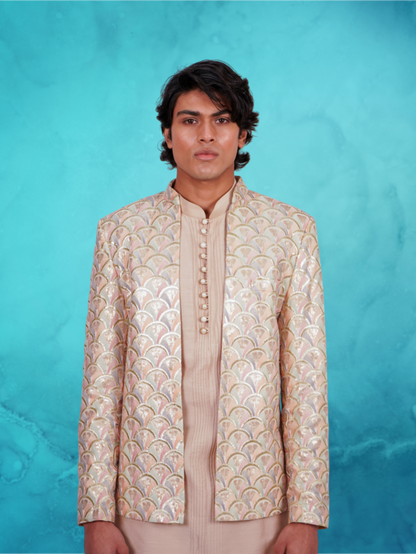 Fish scale Embroidered pastel open jacket and beige kurta set