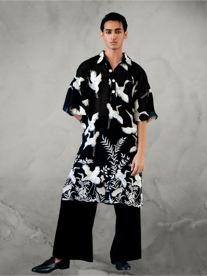 Crane Embroidered Black Kaftan