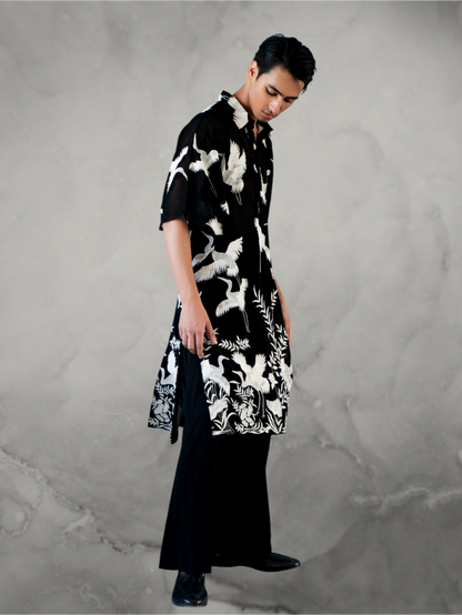 Crane Embroidered Black Kaftan