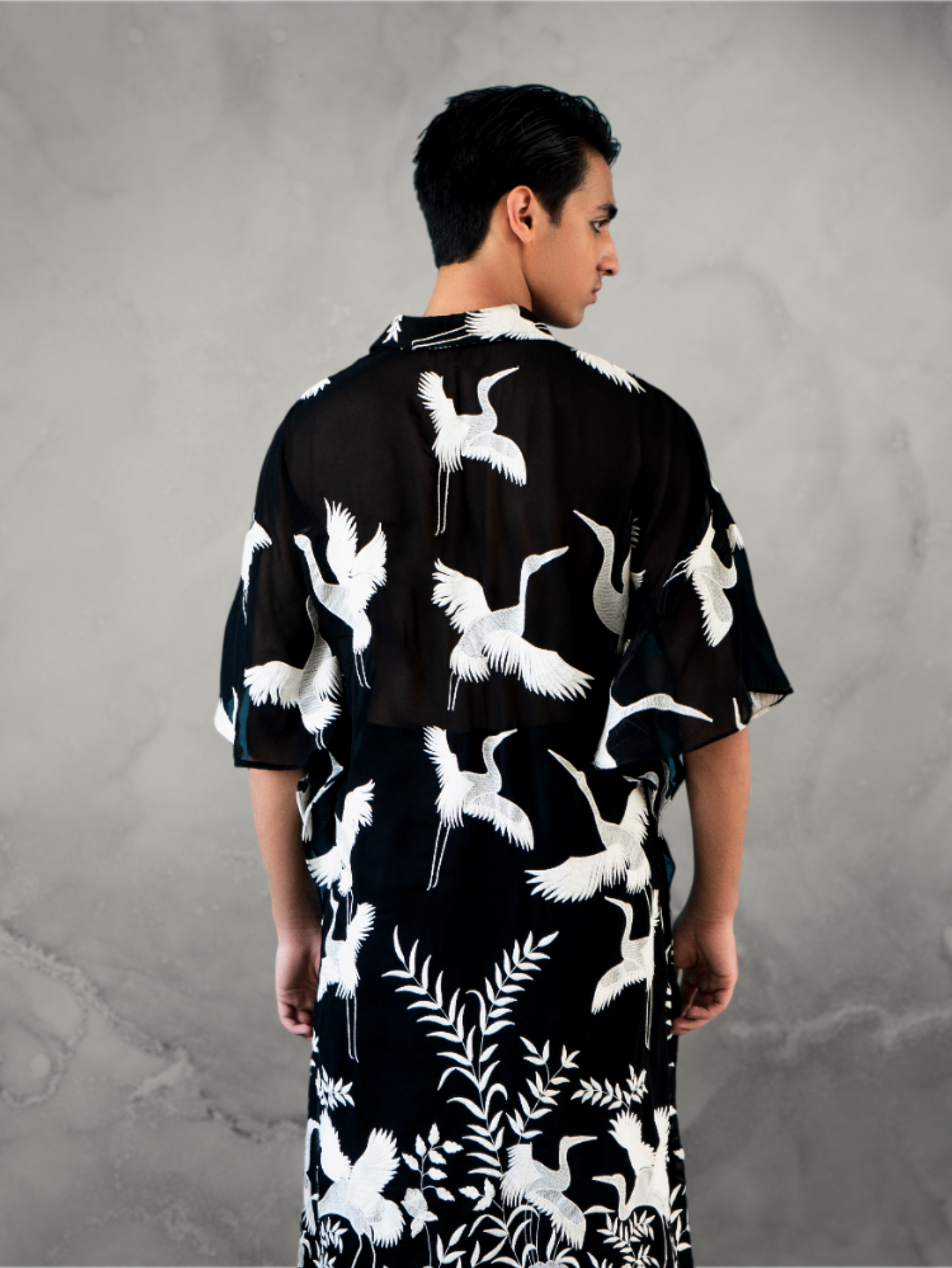 Crane Embroidered Black Kaftan