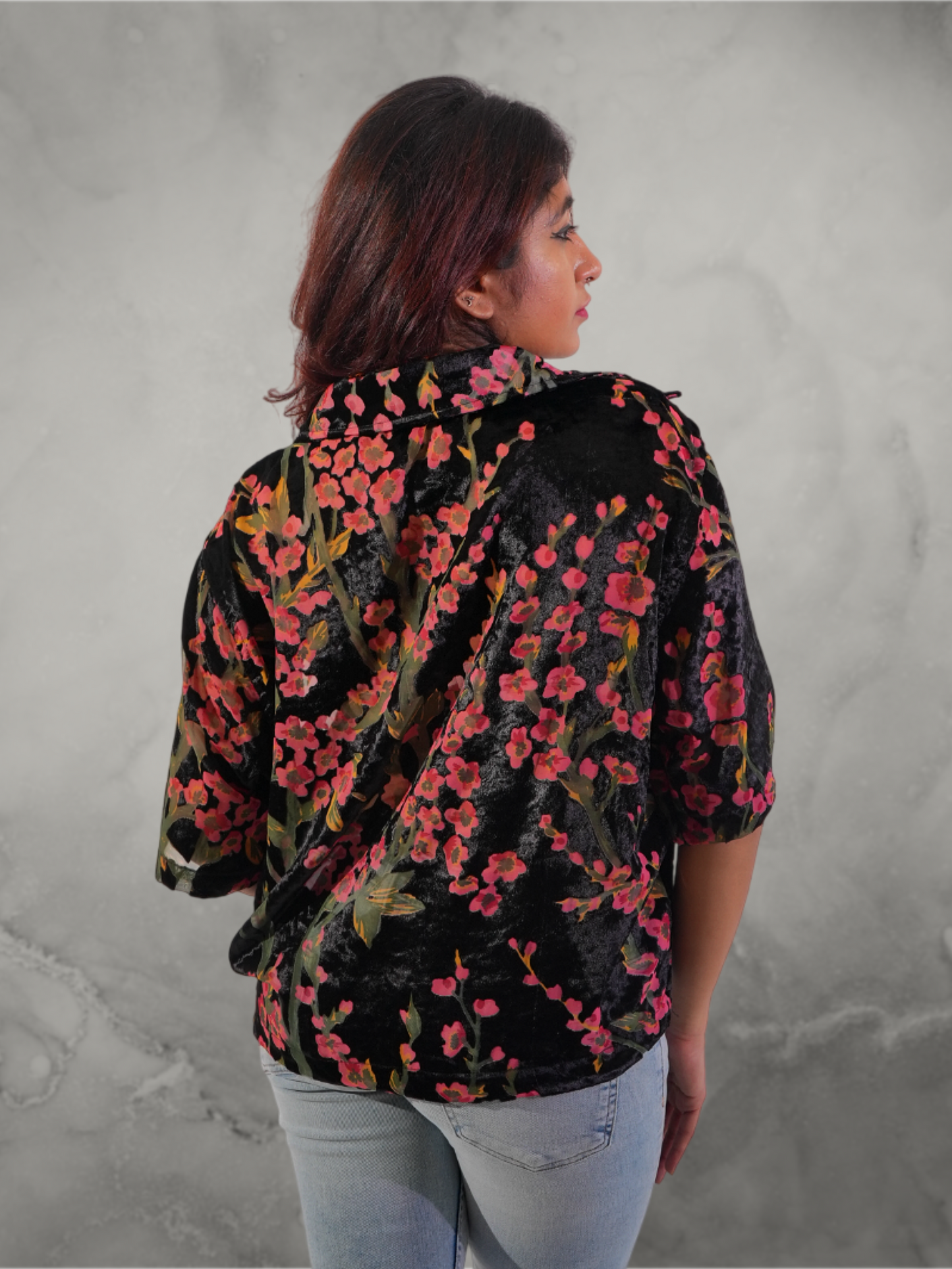 Devoré Floral Print Boxy Crop Shirt