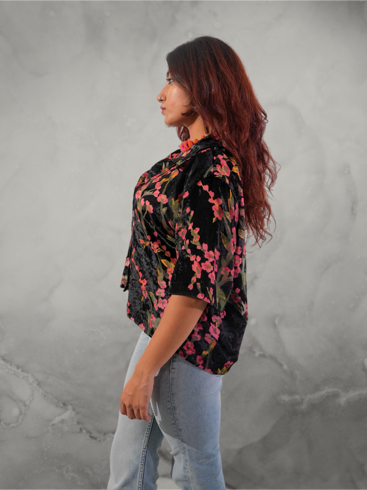 Devoré Floral Print Boxy Crop Shirt