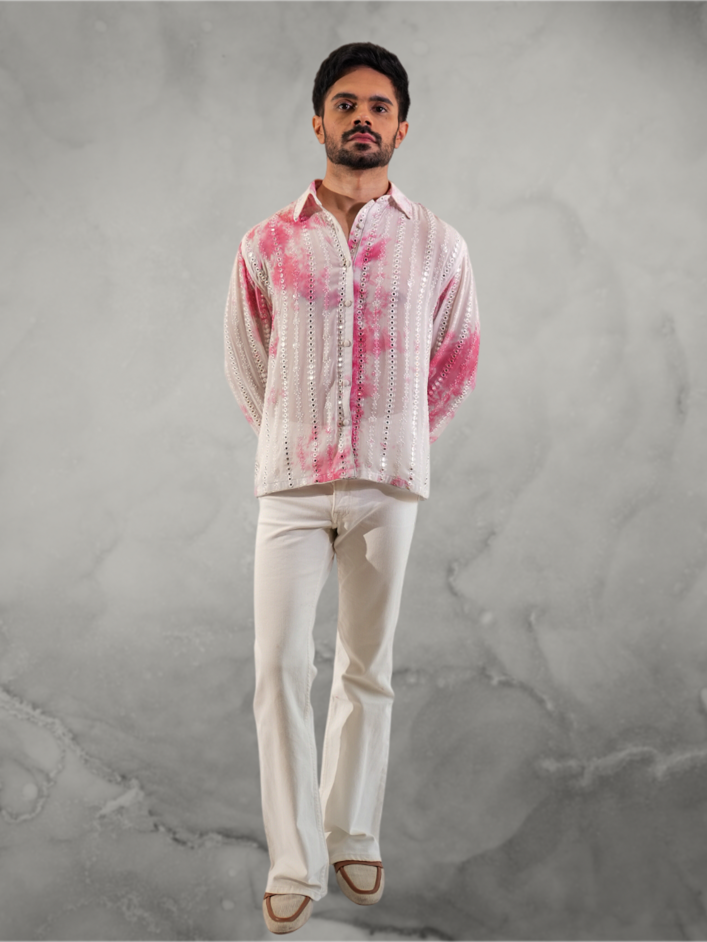 Mirror Work Embroidered Pink Tie-Dye Shirt