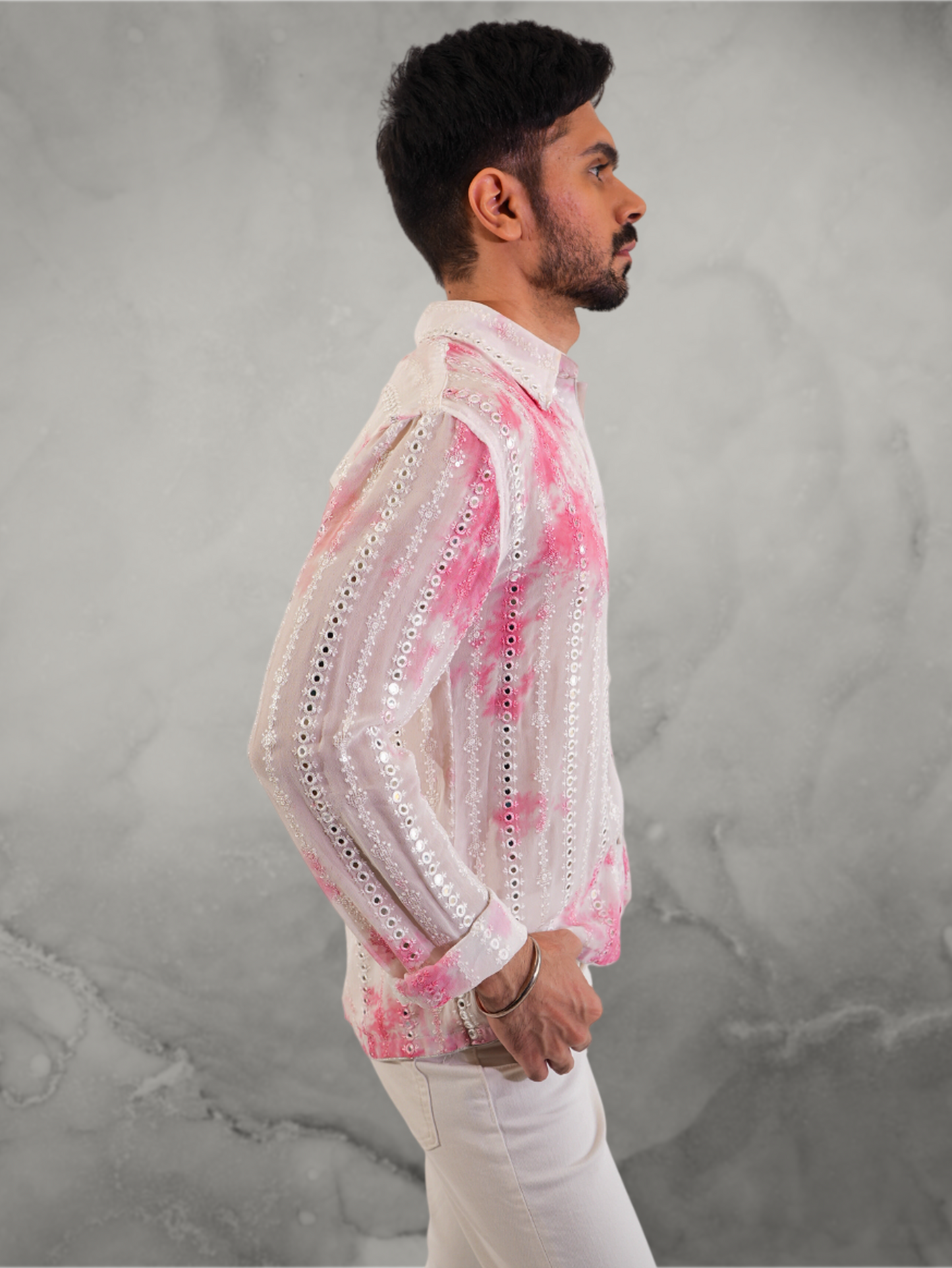 Mirror Work Embroidered Pink Tie-Dye Shirt