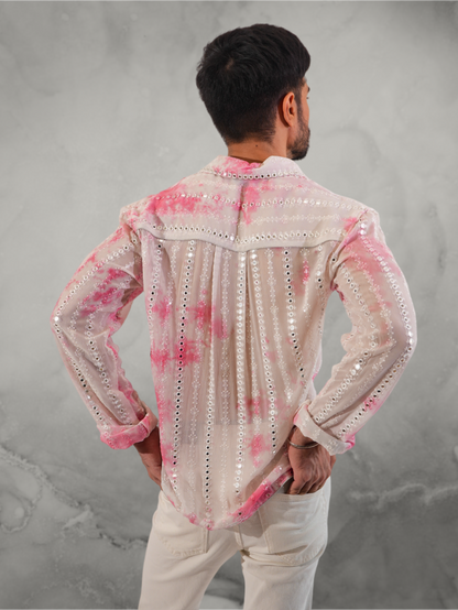 Mirror Work Embroidered Pink Tie-Dye Shirt