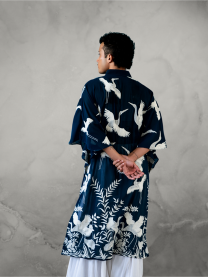 Crane Embroidered Blue Kaftan