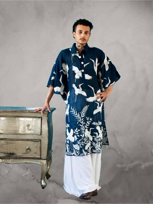 Crane Embroidered Blue Kaftan