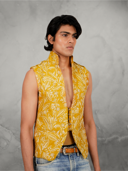 Embroidered Mustard Hooked Waist-Coat