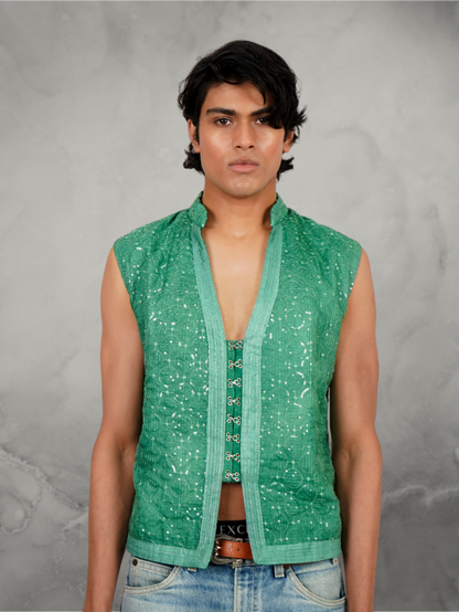 Embroidered Sequin Green Waist Coat