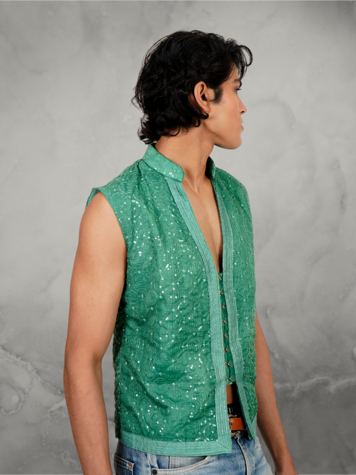 Embroidered Sequin Green Waist Coat