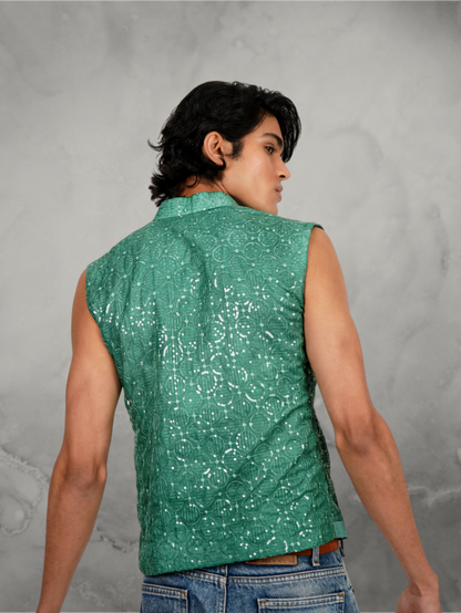 Embroidered Sequin Green Waist Coat