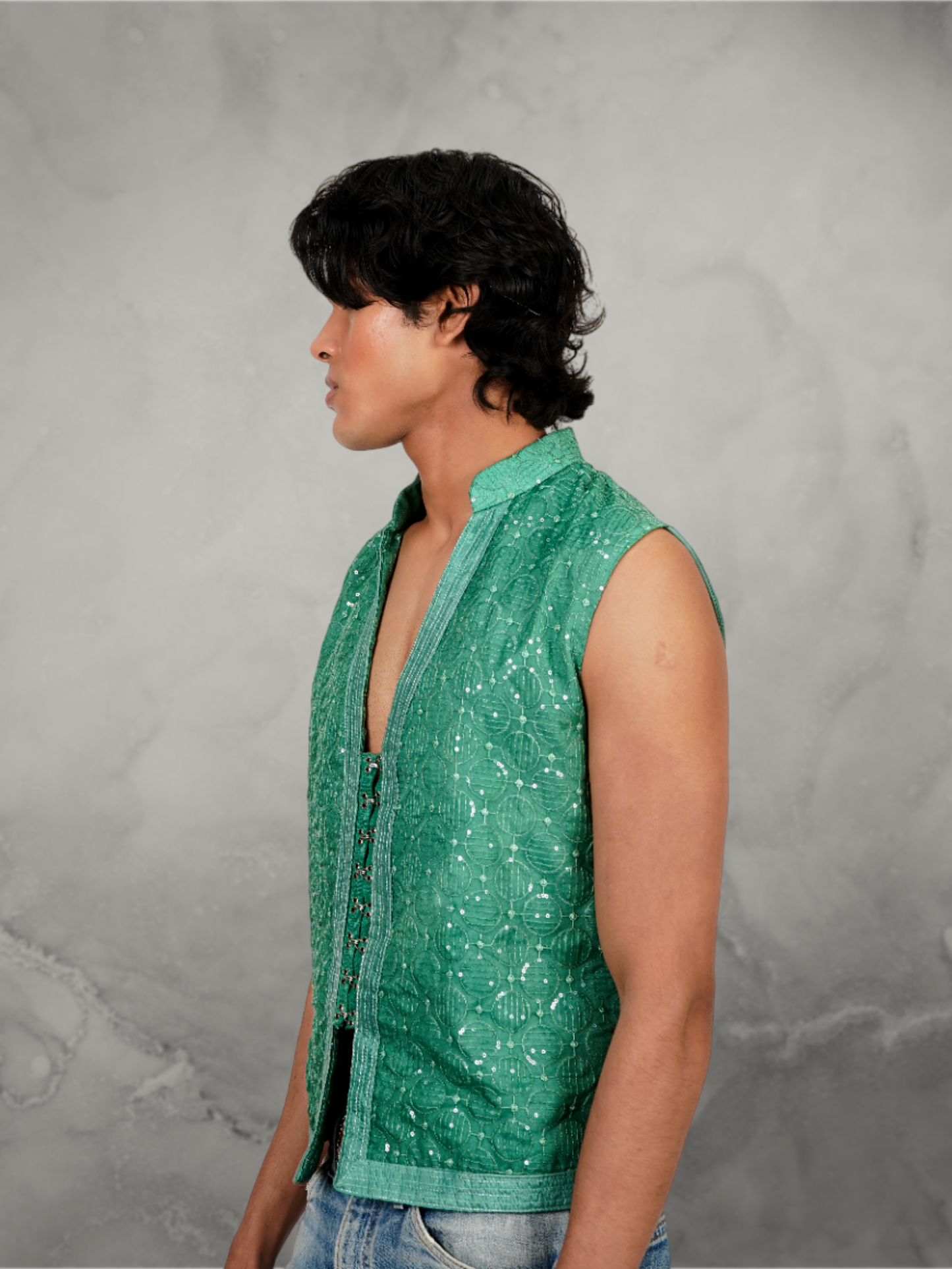 Embroidered Sequin Green Waist Coat