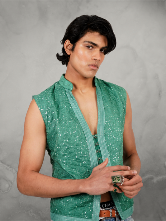 Embroidered Sequin Green Waist Coat