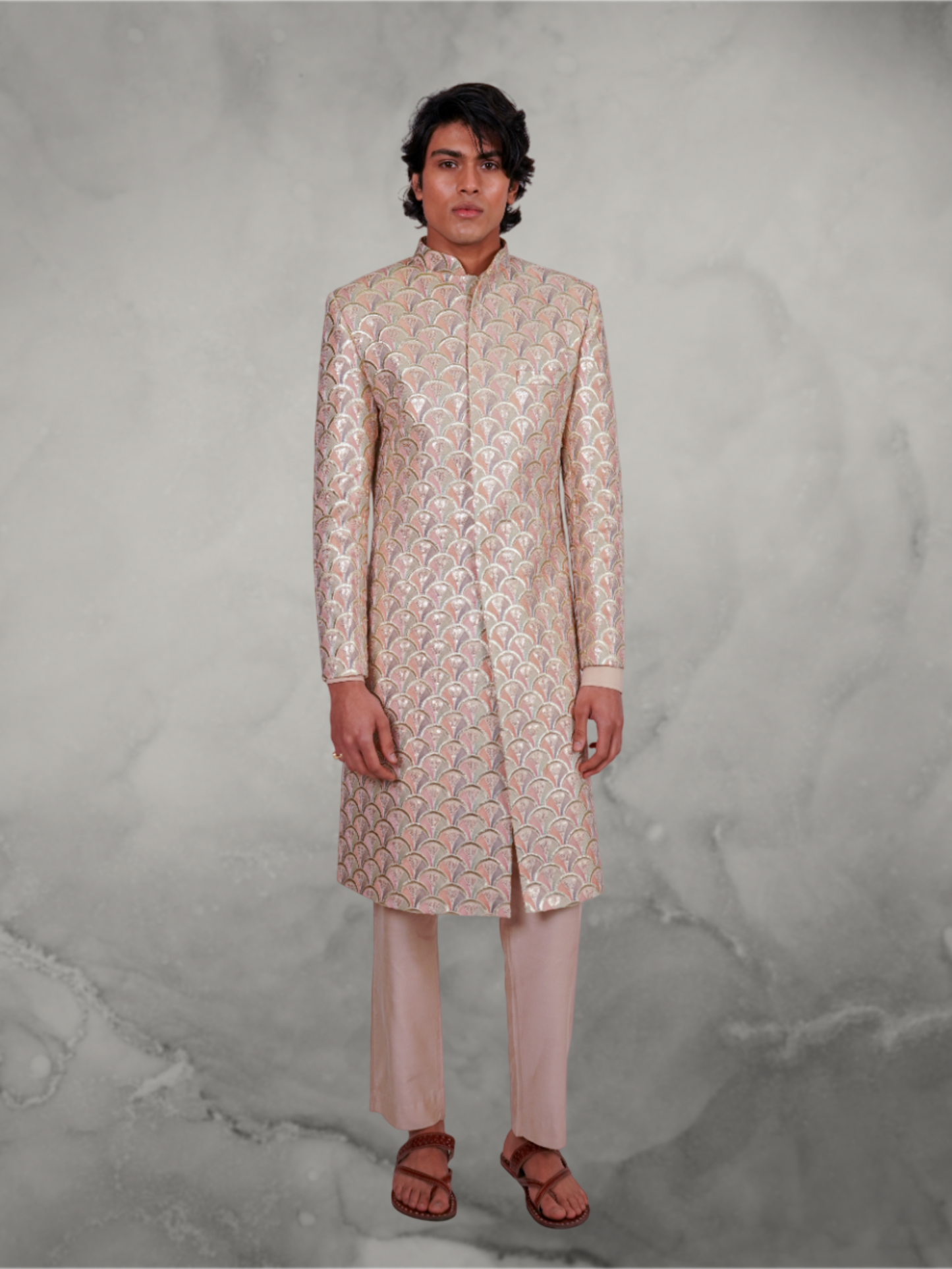 Fish Scale Embroidered Pastel Long Jacket and Beige Kurta set