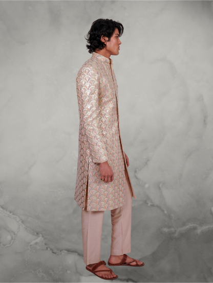 Fish Scale Embroidered Pastel Long Jacket and Beige Kurta set