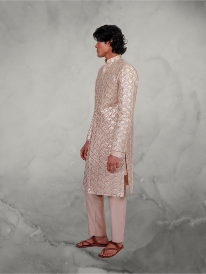 Fish Scale Embroidered Pastel Long Jacket and Beige Kurta set