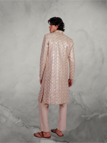 Fish Scale Embroidered Pastel Long Jacket and Beige Kurta set