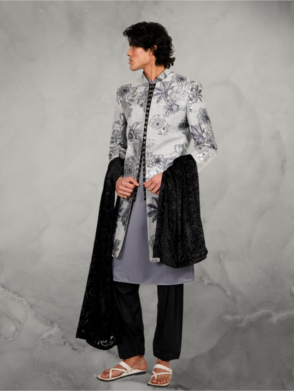 Floral Grey Applique long jacket with Devoré black velvet chunni