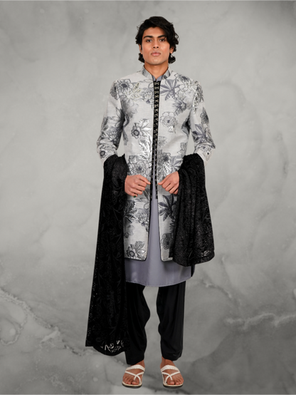 Floral Grey Applique long jacket with Devoré black velvet chunni