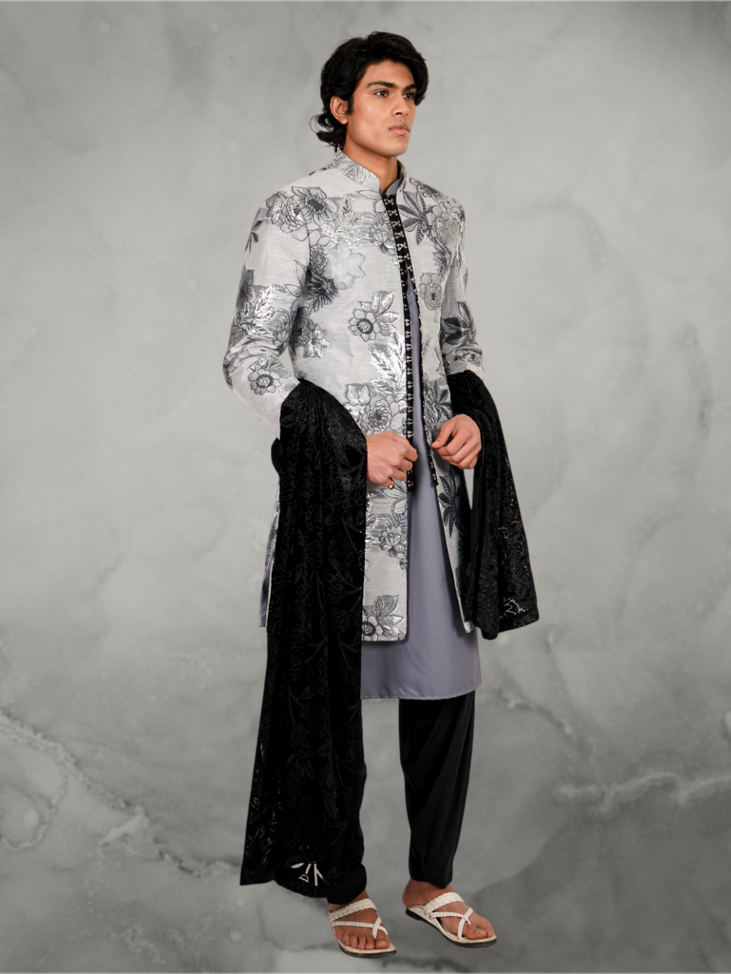 Floral Grey Applique long jacket with Devoré black velvet chunni