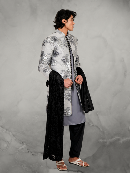 Floral Grey Applique long jacket with Devoré black velvet chunni