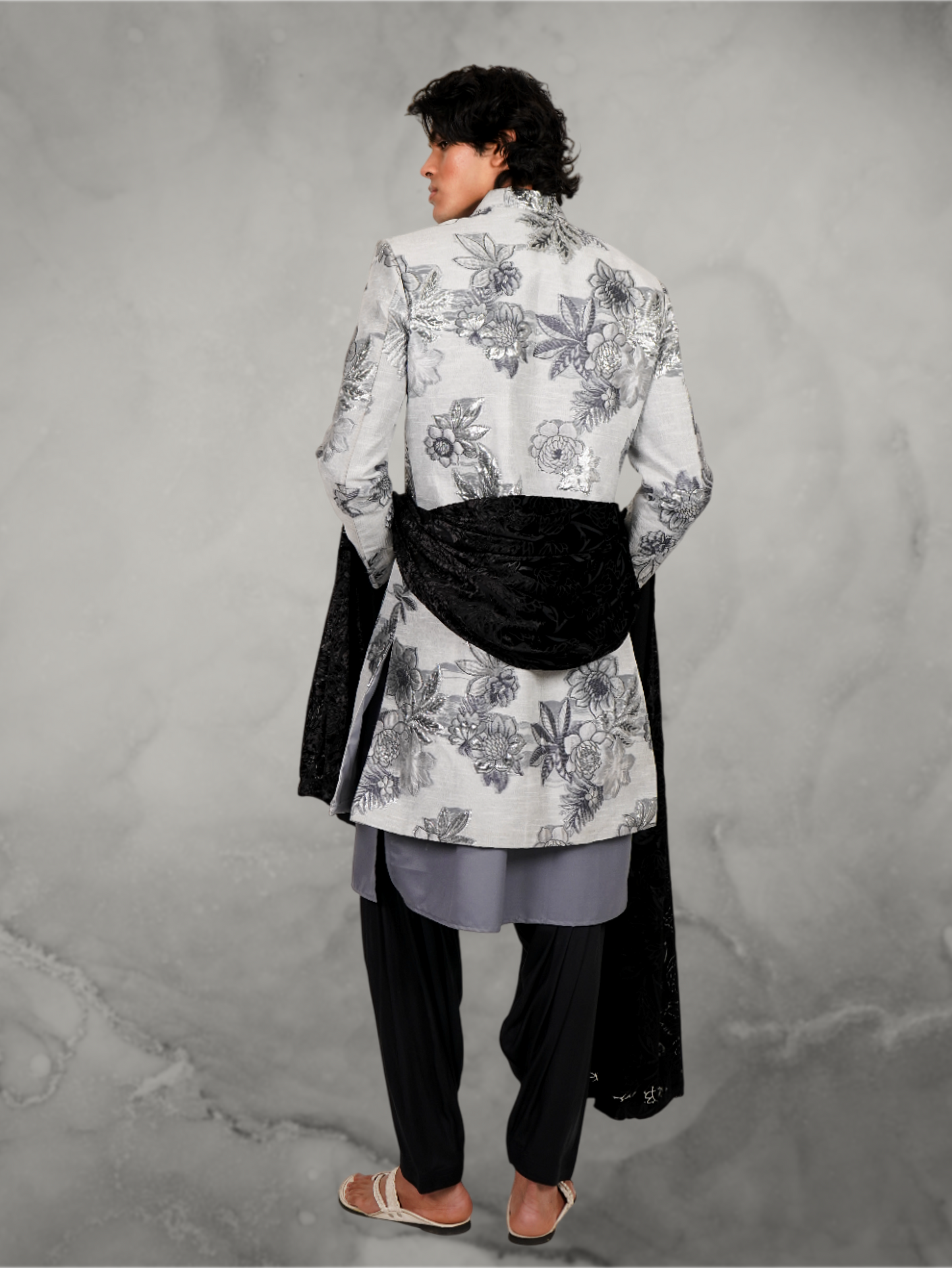 Floral Grey Applique long jacket with Devoré black velvet chunni