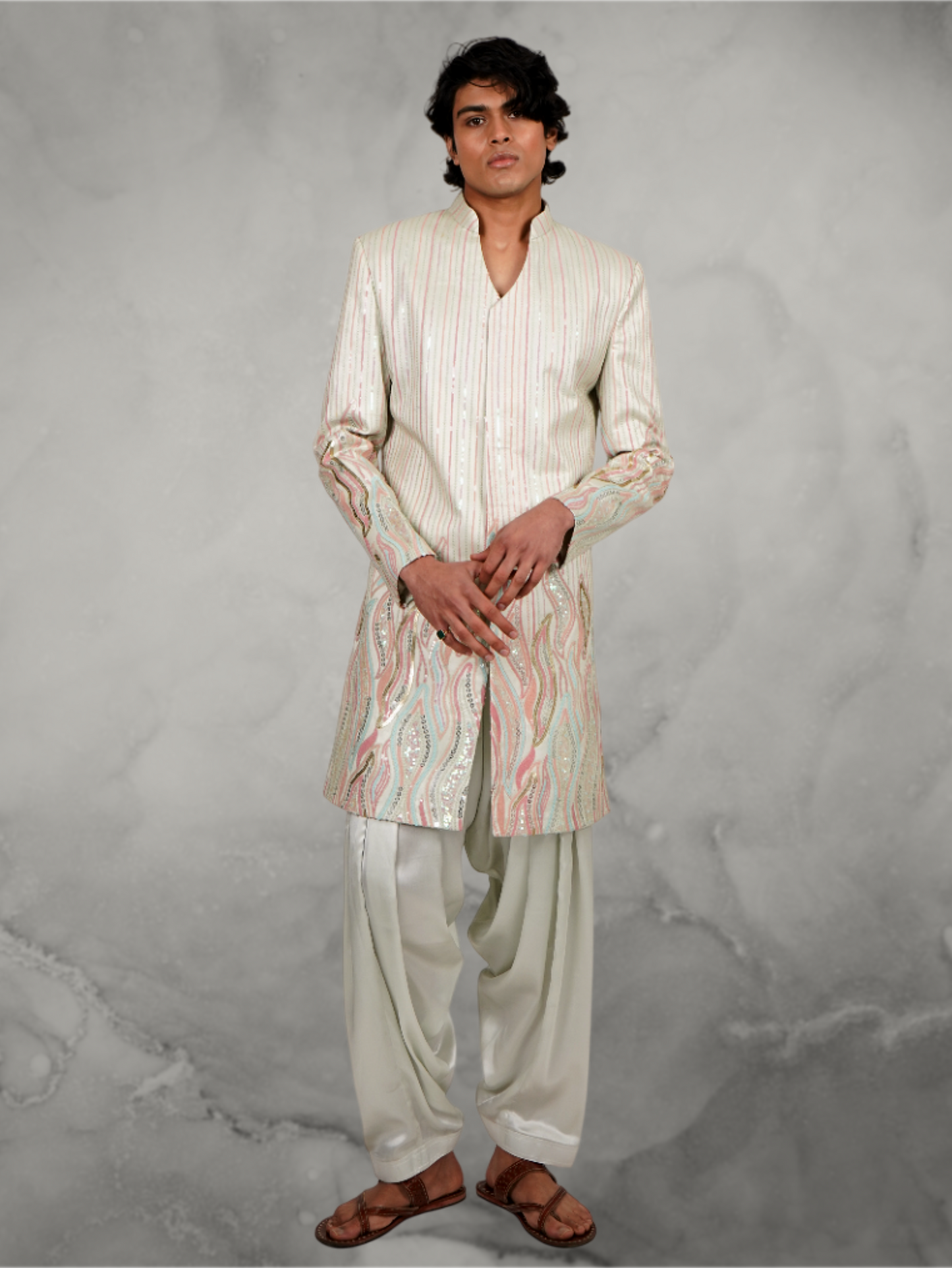 Flame shape embroidered Pastel Sherwani